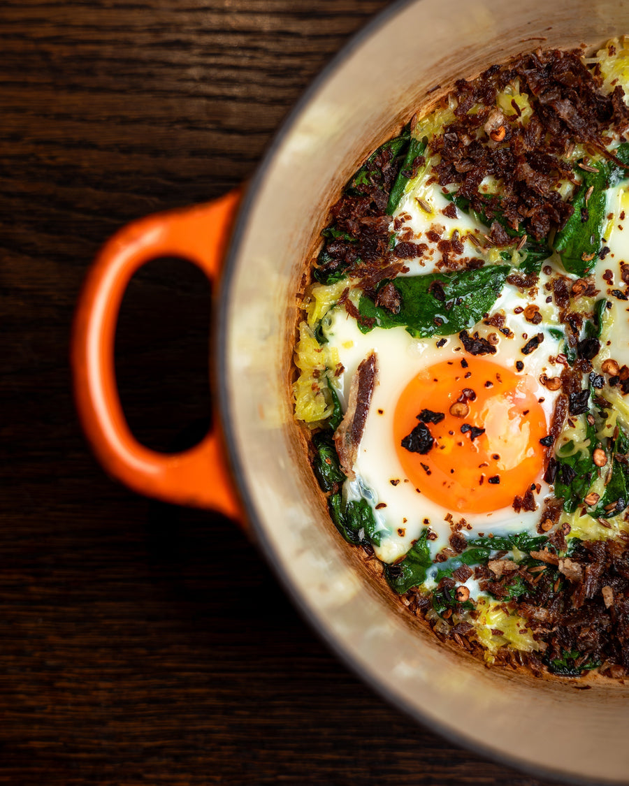 Shakshuka with Beef Crumble, Leeks and Smoked Chilli
