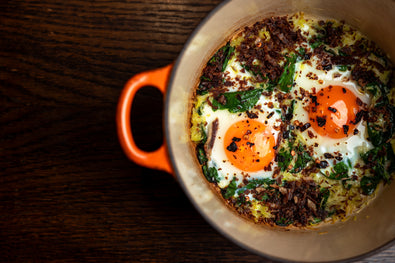 Shakshuka with Beef Crumble, Leeks and Smoked Chilli