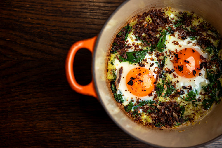 Shakshuka with Beef Crumble, Leeks and Smoked Chilli