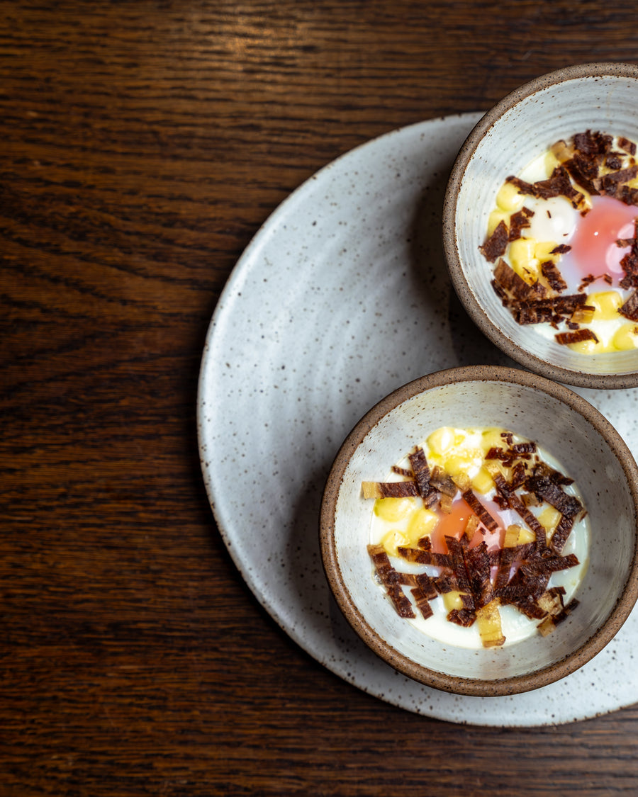 Coddled Eggs with Caramelised Onions, Gruyère and Rib Cap